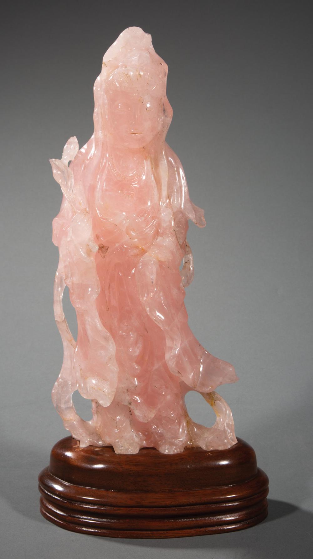 Appraisal: Chinese Rose Quartz Figure of Guanyin carved standing wearing a