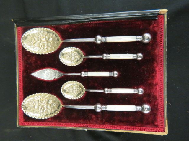 Appraisal: English Victorian Silverplate Serving Set in original box mother-of-pearl handles