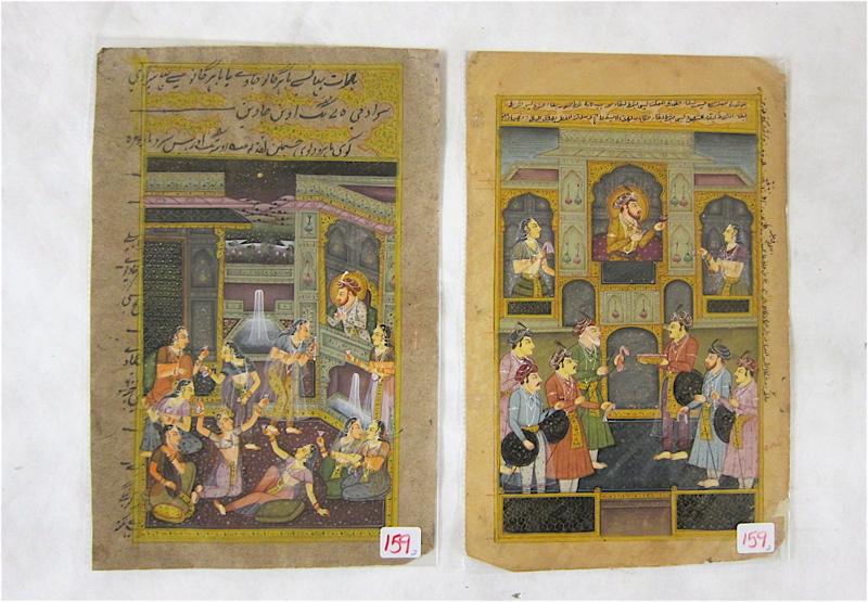 Appraisal: TWO PERSIAN MANUSCRIPT LEAVES depicting a palace courtyard and interior