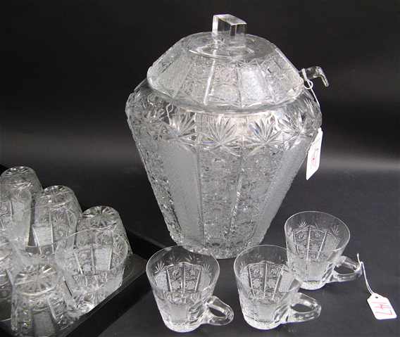 Appraisal: CLEAR CUT ENGRAVED GLASS COVERED PUNCH SET pieces in Spanish