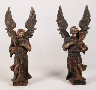 Appraisal: PAIR OF TH C CARVED WOOD ANGEL CANDLEPRICKS PAIR OF