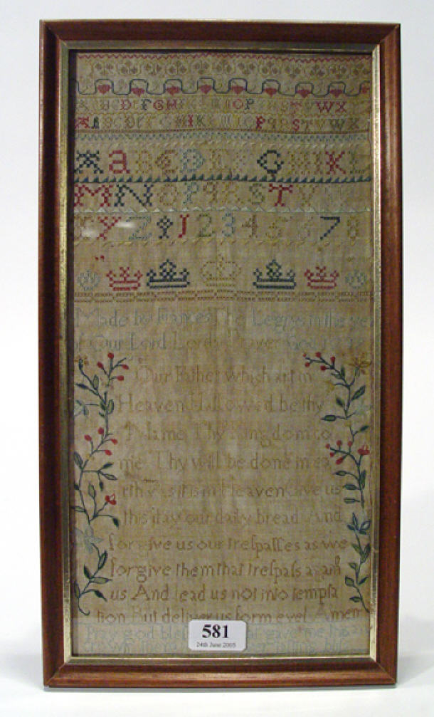 Appraisal: th Century rectangular sampler with floral border alphabet and script