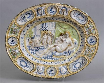 Appraisal: PALISSYWARE-STYLE FAIENCE OVAL BASIN Relief molded with Venus and Cupid