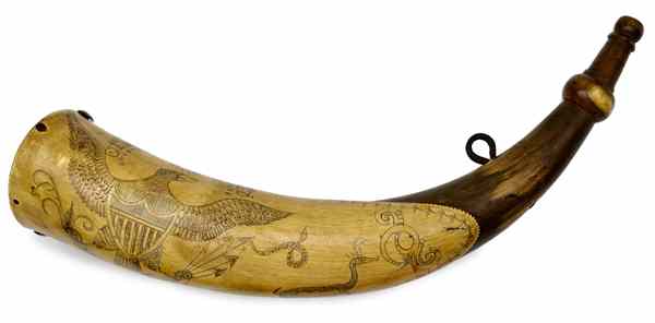 Appraisal: Early American Tansel Powder Horn '' length Engraved with the