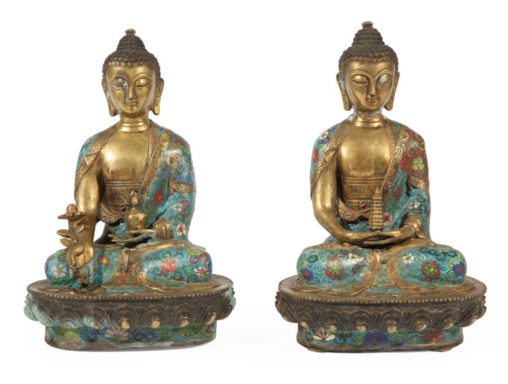 Appraisal: Pair of Chinese Bronze and Cloisonn Enamel Buddhist Figures each