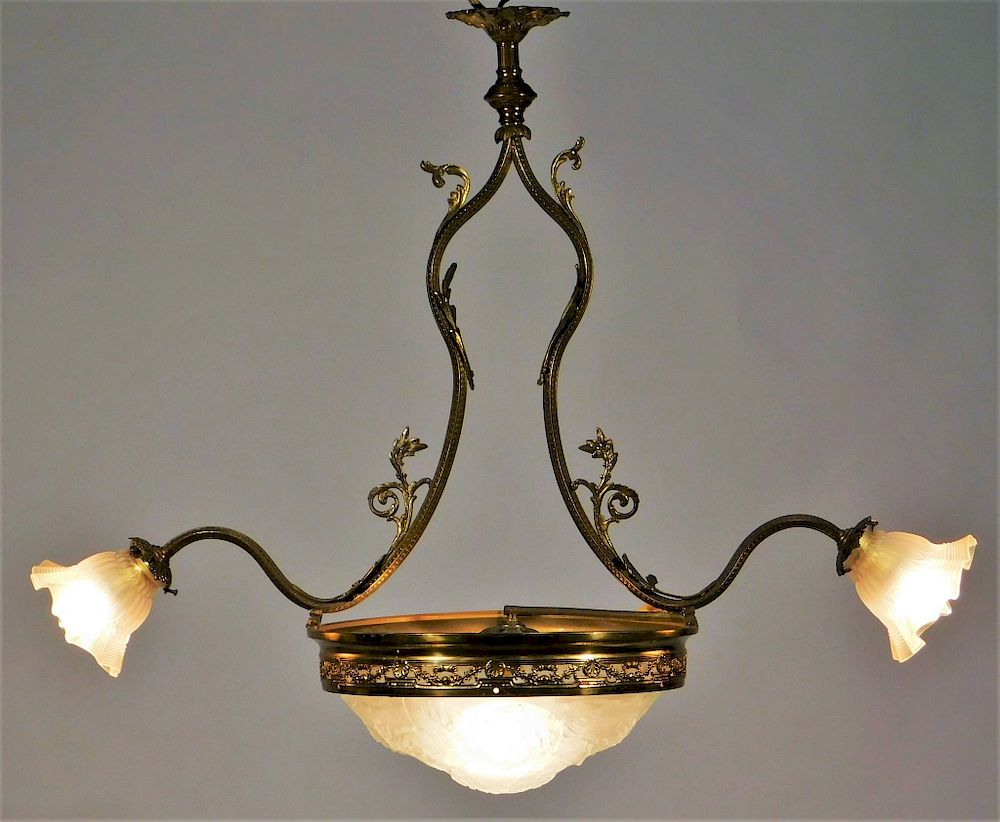 Appraisal: French Art Nouveau Brass Hydrangea Chandelier France Early th Century