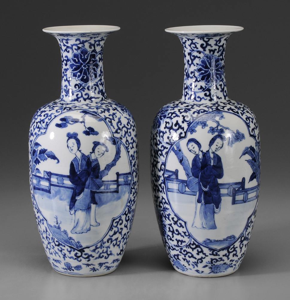 Appraisal: Pair Blue and White Porcelain Vases Chinese each with cartouche