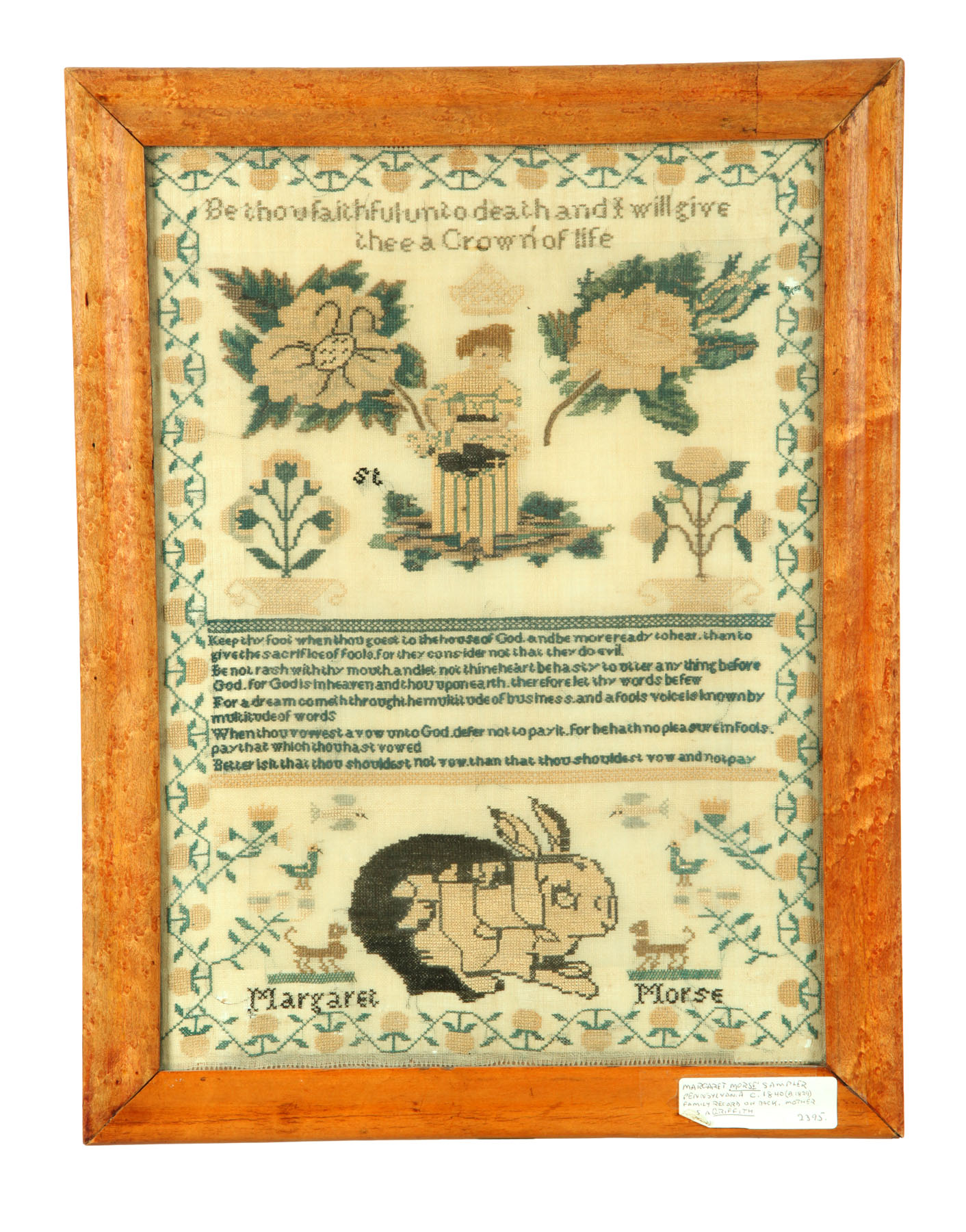 Appraisal: SAMPLER Probably American ca silk on wool Large two-toned rabbit