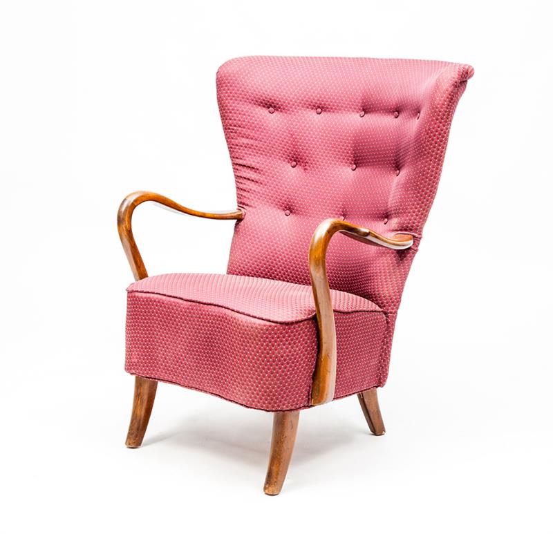 Appraisal: ARMCHAIR DANISH Stained birch and upholstery x x in Estimate