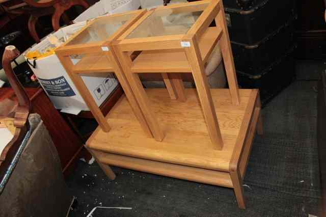 Appraisal: A PAIR OF SQUARE OAK VENEERED OCCASIONAL TABLES with glass