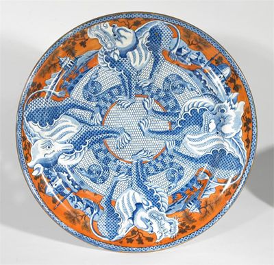 Appraisal: Nine pearlware plates printed in blue and iron with fantastic