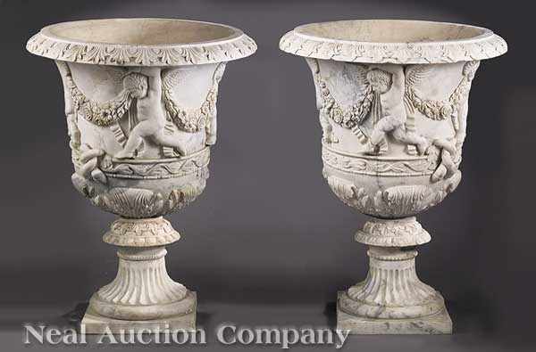 Appraisal: A Pair of Monumental Renaissance-Style White Marble Garden Urns the