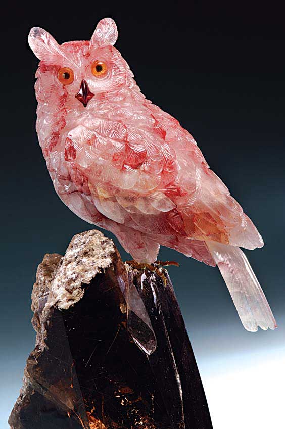 Appraisal: LARGE RED QUARTZ HORNED OWL Artist Peter Muller Brazil Scourge