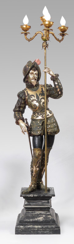 Appraisal: CARVED FIGURAL SPANISH CONQUISTADOR TORCHIERE Paint decorated full figural Spanish