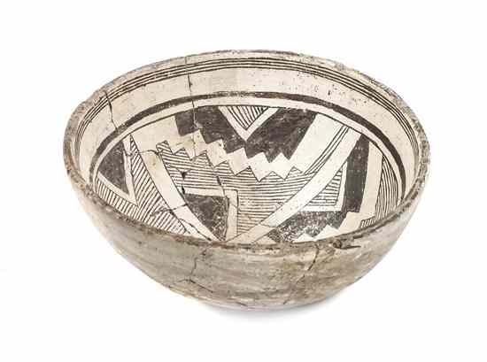 Appraisal: A Prehistoric Mimbres Black and White Pottery Bowl with geometric