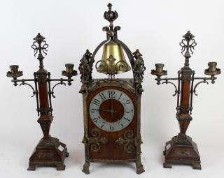 Appraisal: French Gothic Revival pc garniture clock set French Gothic pc