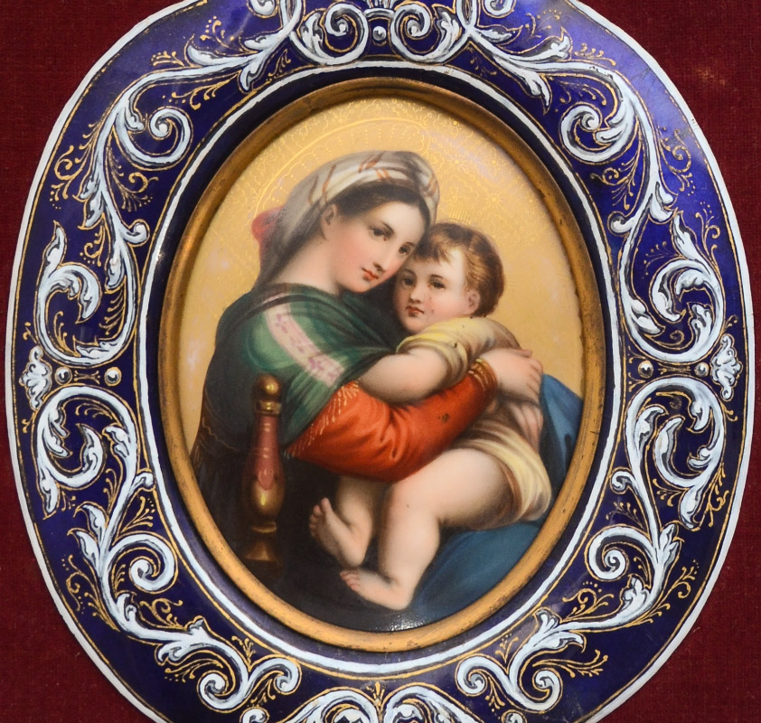 Appraisal: FRENCH ENAMEL PORCELAIN HOLY WATER FONT Hand painted porcelain center