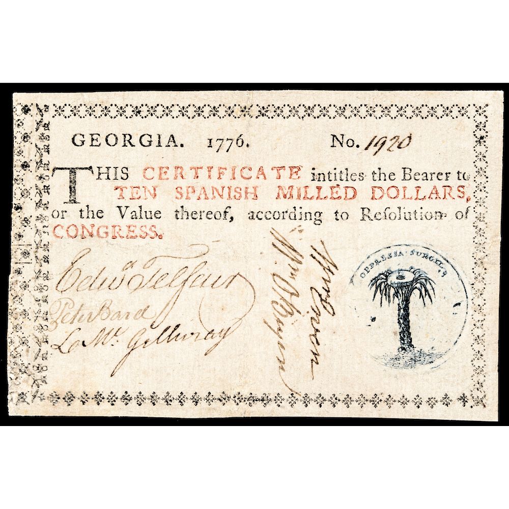 Appraisal: Colonial Currency Georgia Light Blue Seal Millstone on Palm Tree