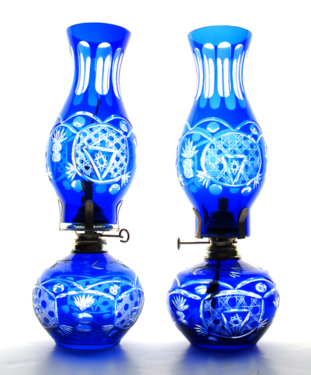 Appraisal: Pair Blue Cut-to-clear Glass Oil Lamps H