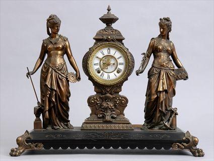 Appraisal: RENAISSANCE REVIVAL COPPERIZED AND EBONIZED METAL FIGURAL MANTEL CLOCK The