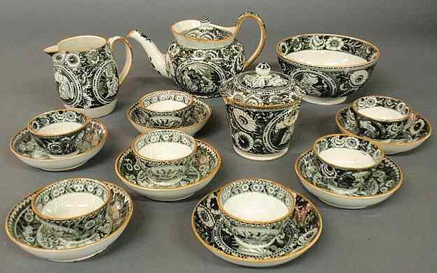 Appraisal: English creamware tea set early th c with black transfer