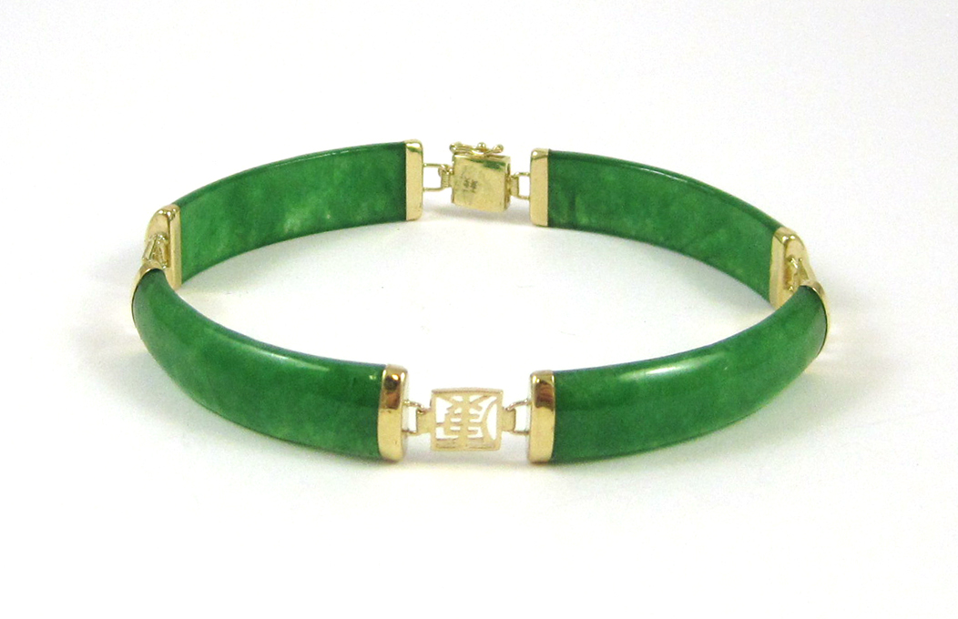 Appraisal: CHINESE JADE AND FOURTEEN KARAT GOLD BRACELET measuring - inches