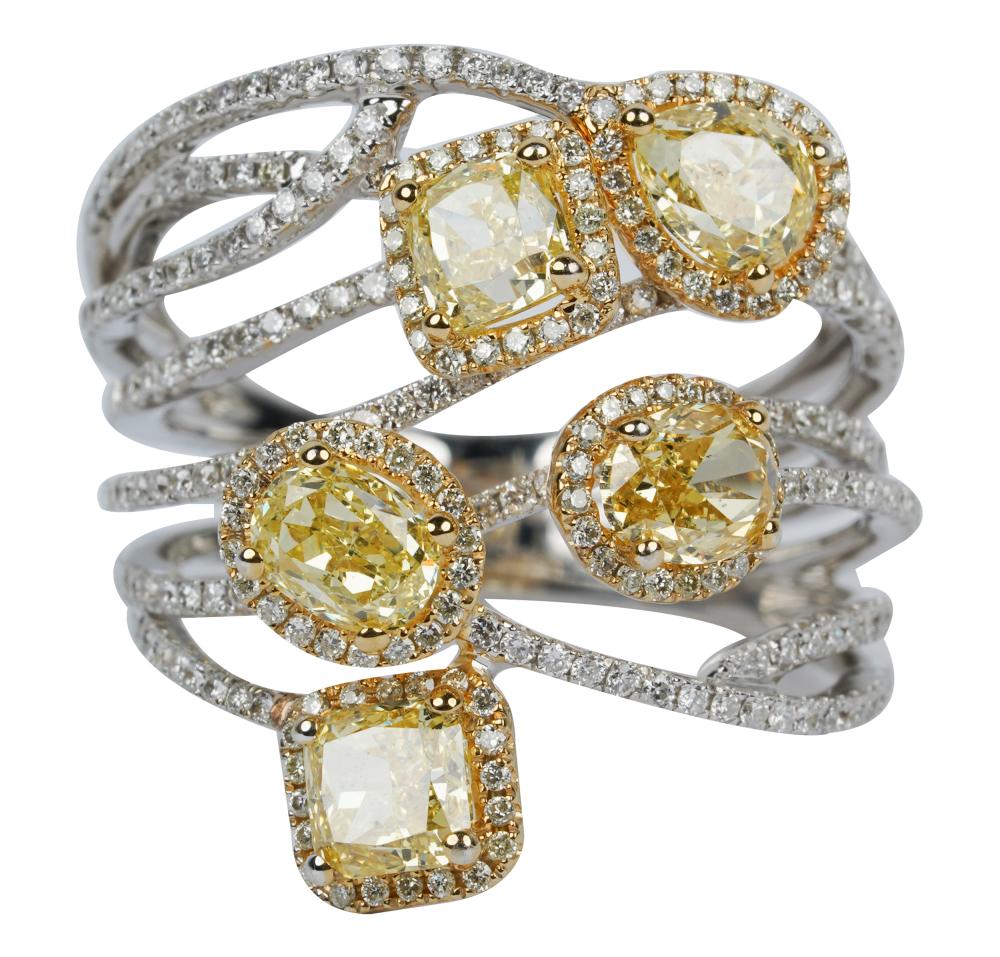 Appraisal: KARAT WHITE GOLD YELLOW DIAMOND DIAMOND BAND RINGcontaining five pear