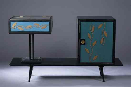 Appraisal: MID-CENTURY MODERN EBONIZED BLUE AND GILT-PAINTED ENTERTAINMENT UNIT Comprising turn-table