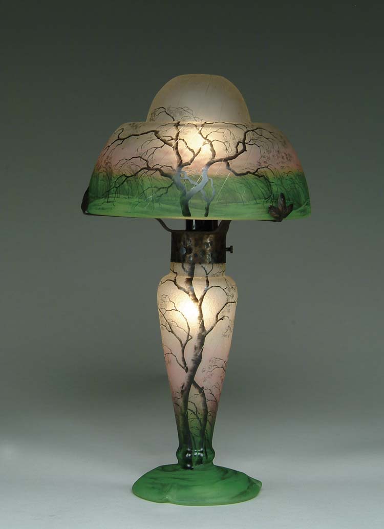 Appraisal: DAUM RAIN SCENE LAMP Spectacular Daum cameo lamp is decorated