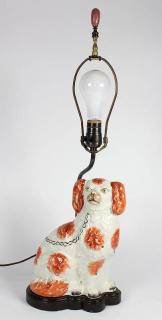 Appraisal: Staffordshire spaniel figure Staffordshire spaniel figure mounted as a lamp