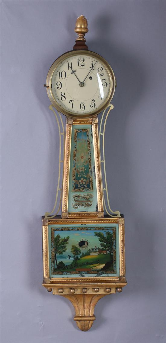 Appraisal: AMERICAN LATE FEDERAL MAHOGANY AND PARCEL-GILT BANJO CLOCK th century