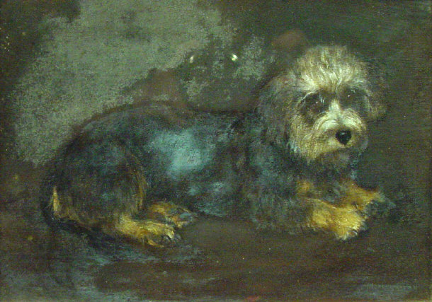 Appraisal: Oil onto panel of a small dog in an oak