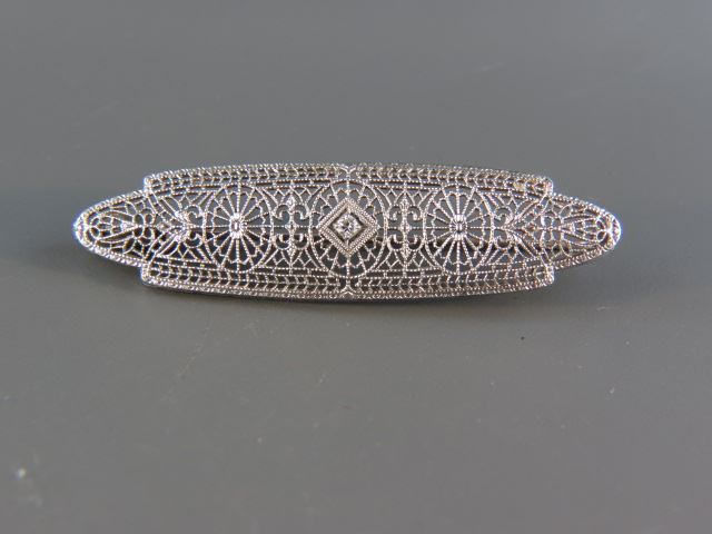 Appraisal: Diamond Filigree Bar Pin elaborate workmanship k white gold long