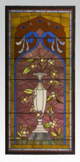 Appraisal: Leaded stained glass panel with urn h Leaded stained glass