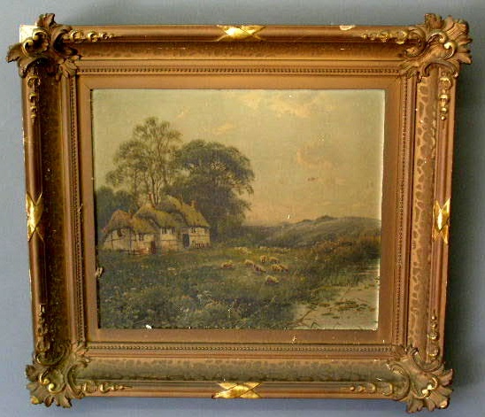 Appraisal: Oil on board landscape painting c with sheep and a