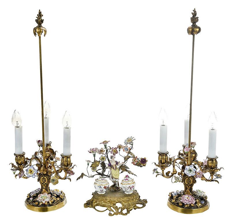 Appraisal: Pair Gilt Bronze and Porcelain Lamps Ink Well Continental th