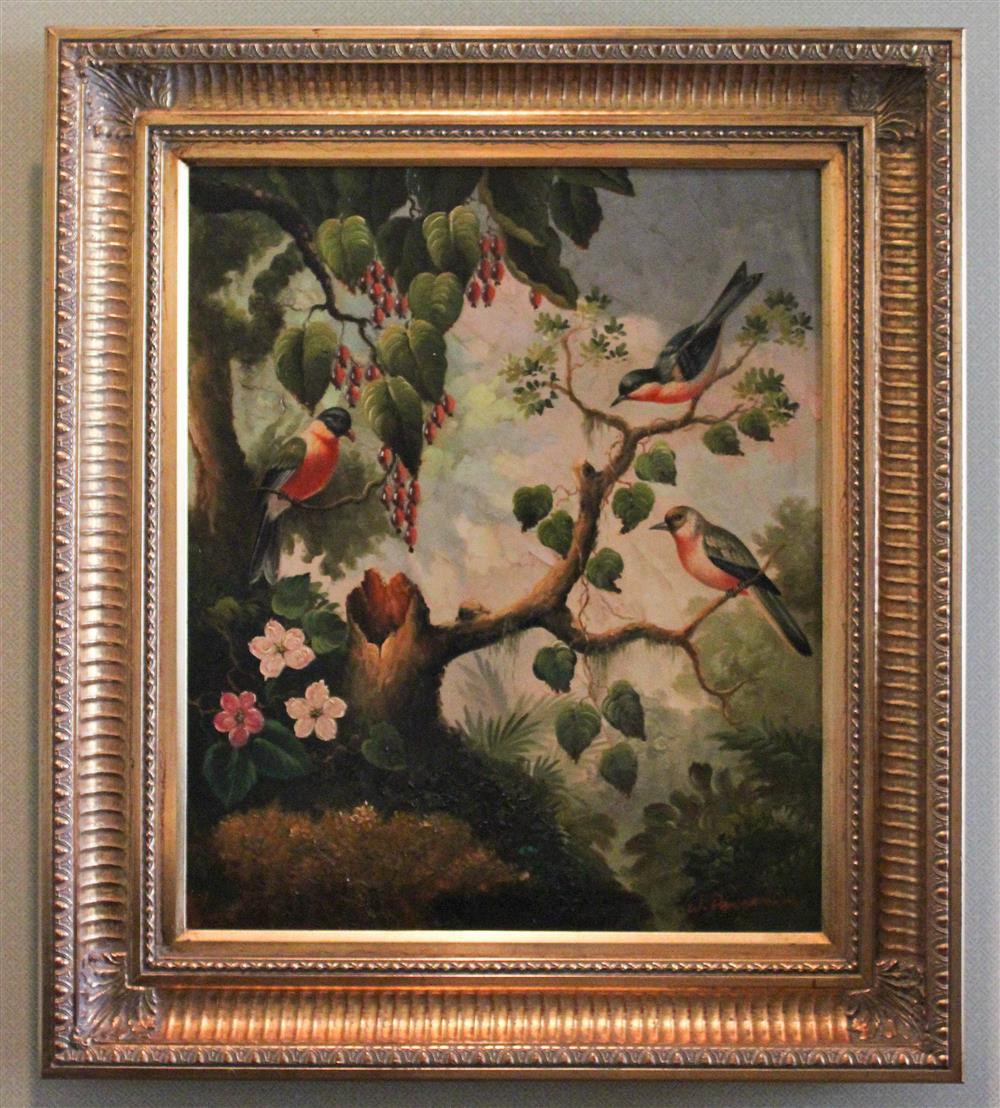 Appraisal: W BENJAMIN BIRDS IN A TREE oil Framed lower right