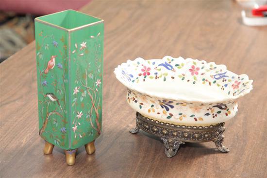 Appraisal: TWO HANDPAINTED PIECES A square green vase on gilt feet