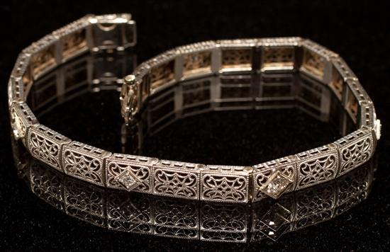 Appraisal: Art Deco unmarked white gold filigree and diamond bracelet diamonds