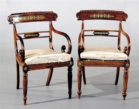 Appraisal: Pair William IV brass-inlaid fruitwood armchairs first quarter th centurycurved