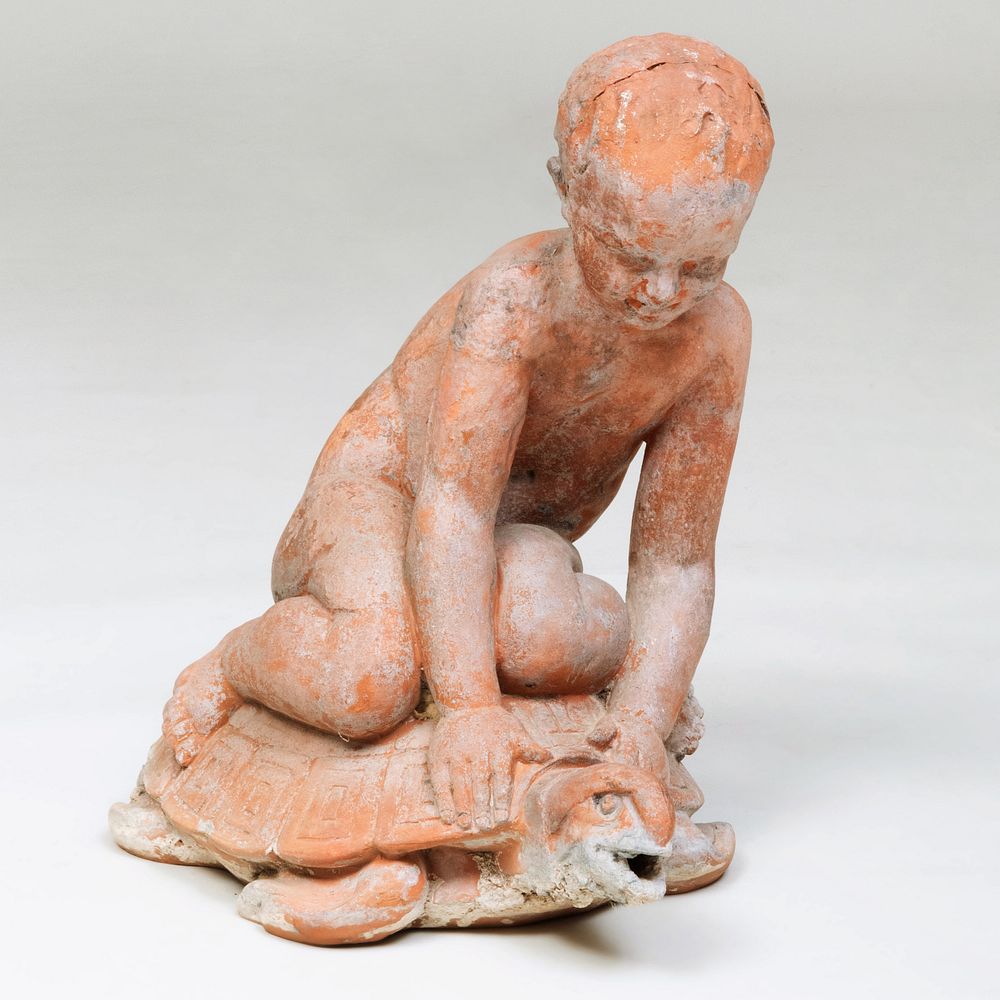 Appraisal: Terracotta Figure of a Little Boy on a Tortoise x