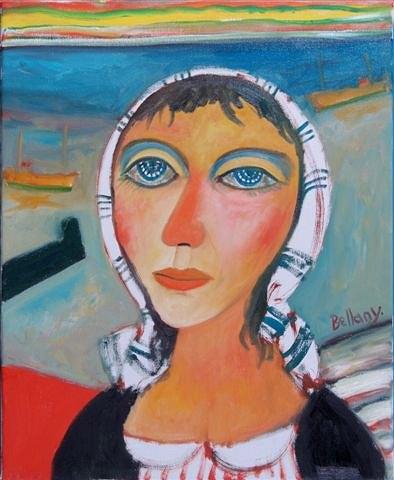 Appraisal: JOHN BELLANY b A fisher girl with striped head scarf