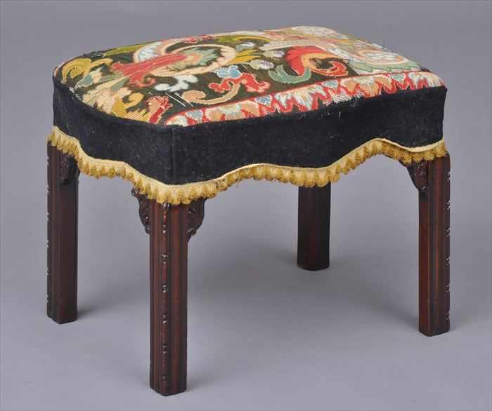 Appraisal: GEORGE III-STYLE CARVED MAHOGANY STOOL WITH GROS-POINT NEEDLEWORK SEAT The