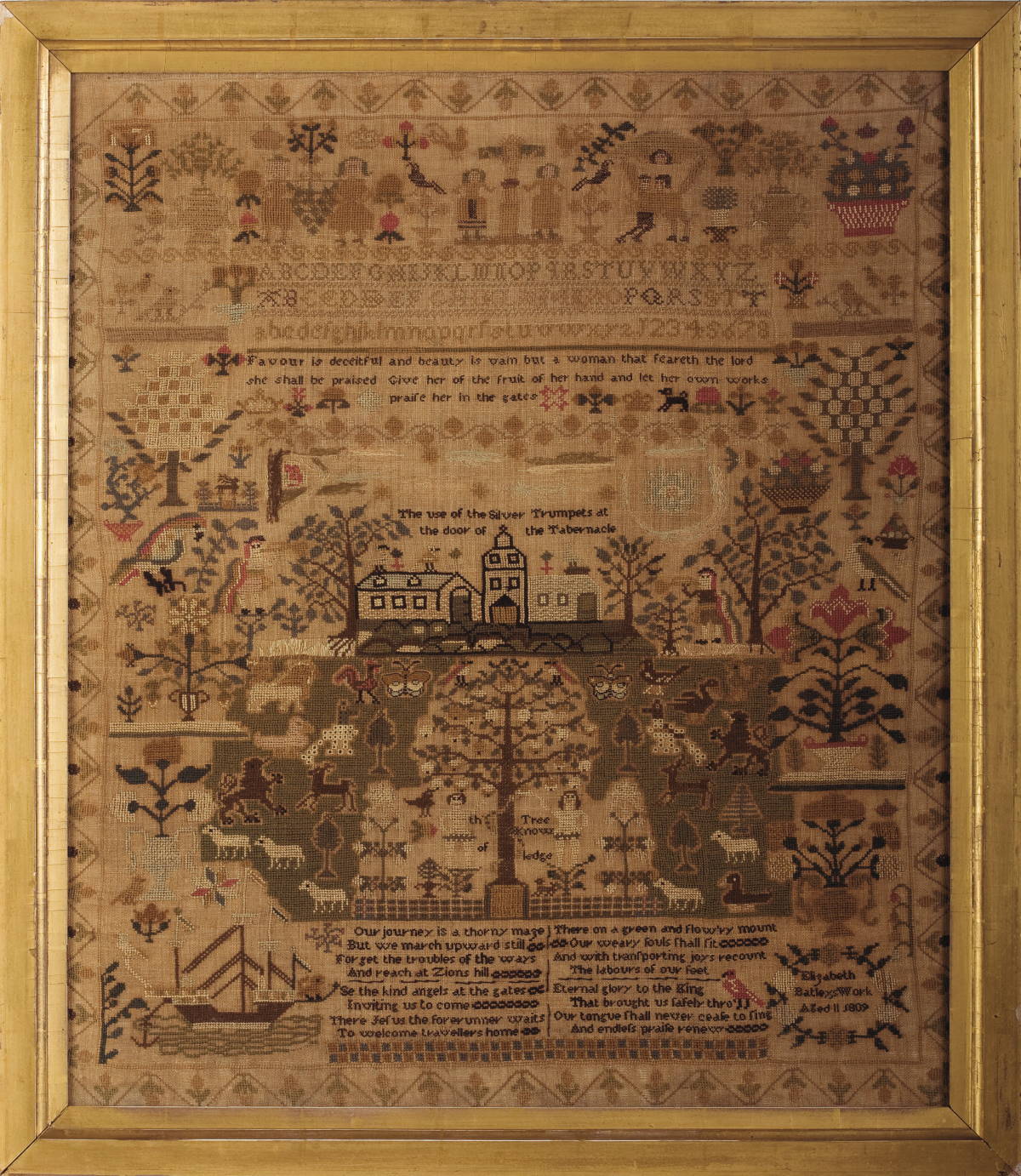 Appraisal: ELABORATE NEEDLEWORK SAMPLER BY ELIZABETH BATLEY Worked on linen with