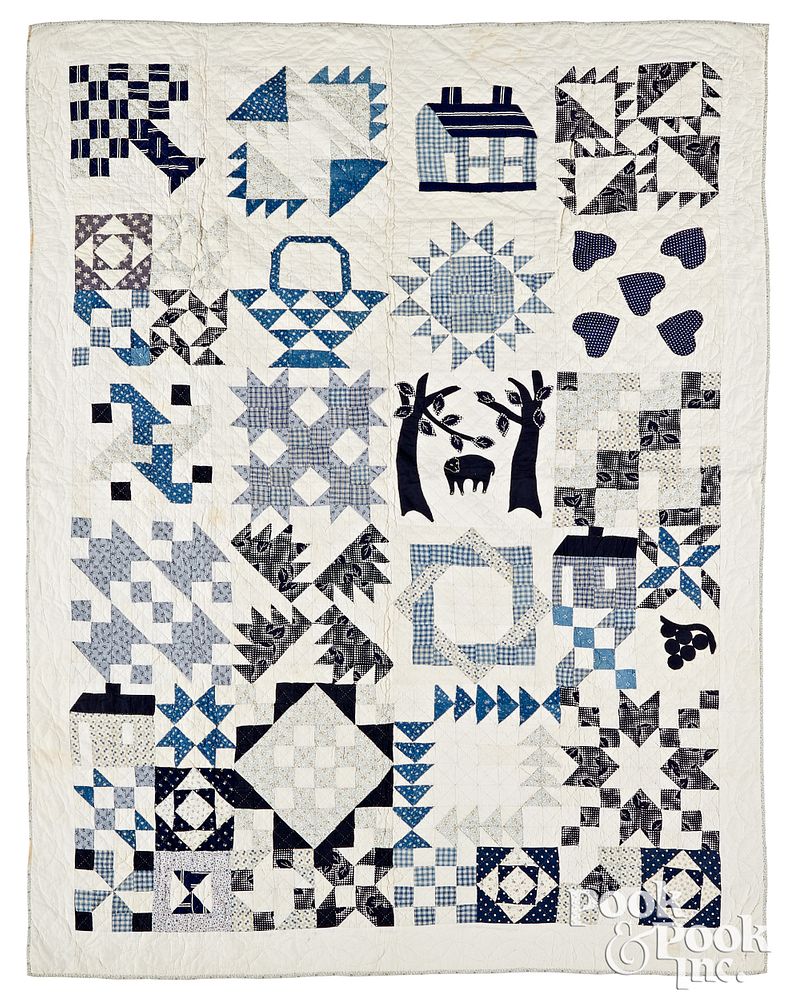 Appraisal: Blue and white sampler quilt Blue and white sampler quilt