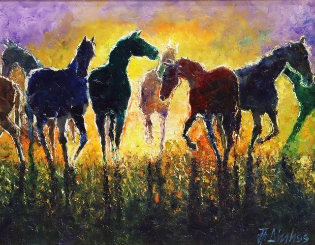 Appraisal: Framed acrylic on canvas painting Horses at Sunset signed lower