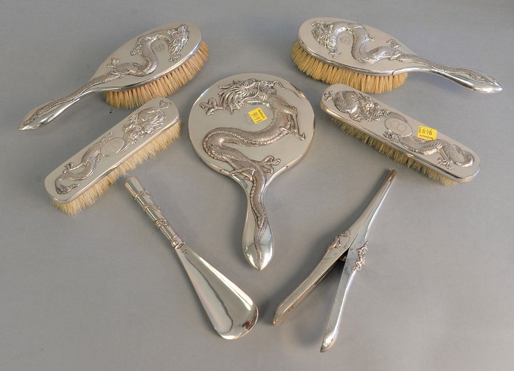 Appraisal: Seven piece Chineses silver dresser set to include pieces marked