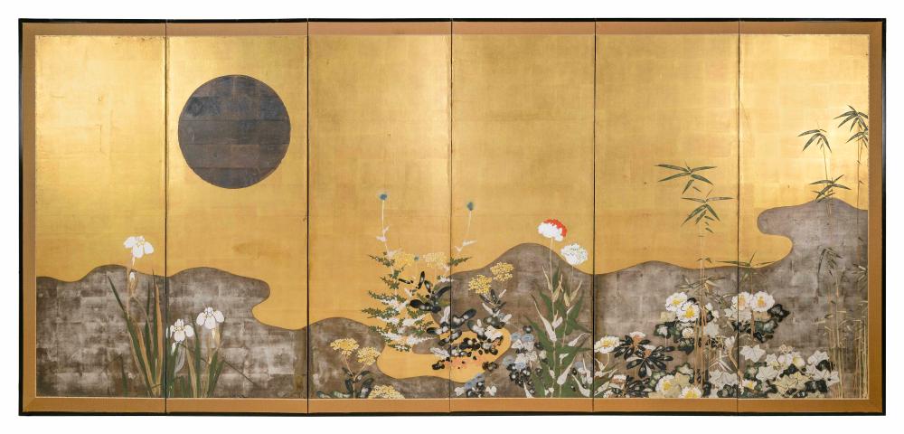 Appraisal: JAPANESE SIX-PANEL RIMPA SCHOOL SCREEN FIRST HALF OF THE TH