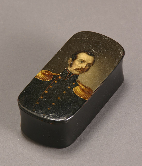 Appraisal: Russian Painted Black Lacquered Papier-M ch Tobacco Box with a