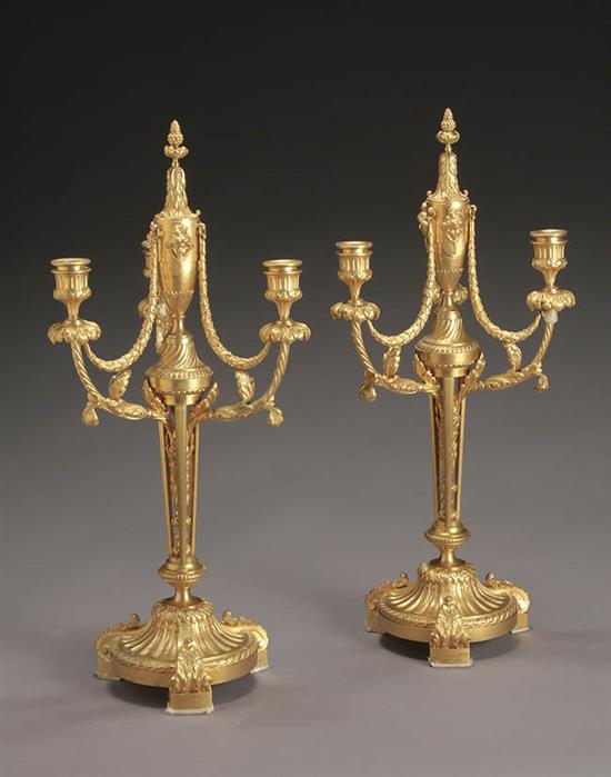 Appraisal: Pair of Louis XVI Style Ormolu Three-Light Candelabra First Half